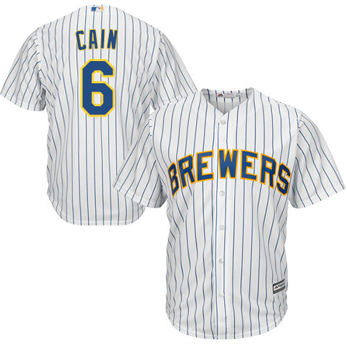 Brewers #6 Lorenzo Cain White(Blue Strip) New Cool Base Stitched MLB Jersey